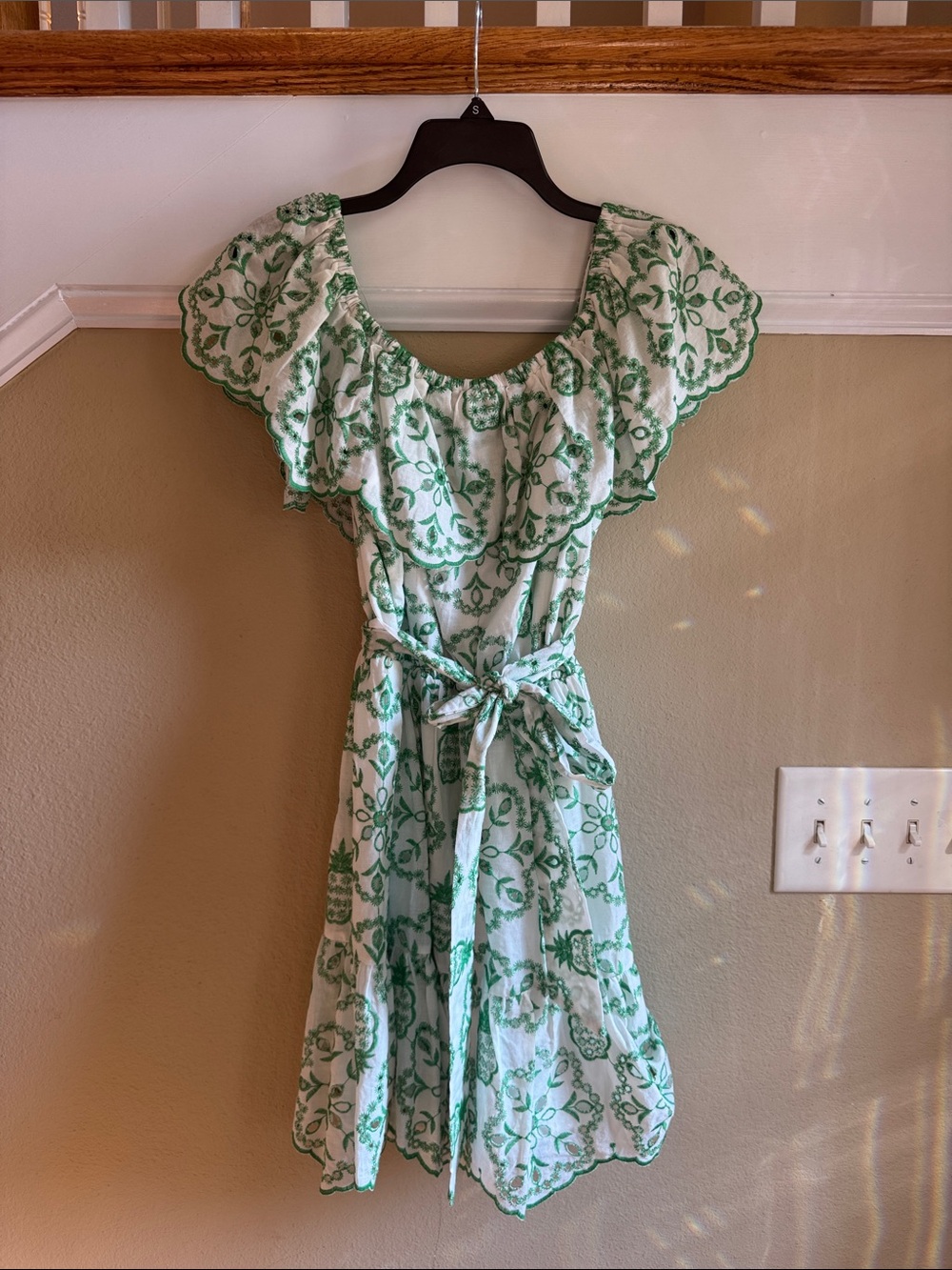 Flying Tomato White Mini Dress with Green Floral Embroidery